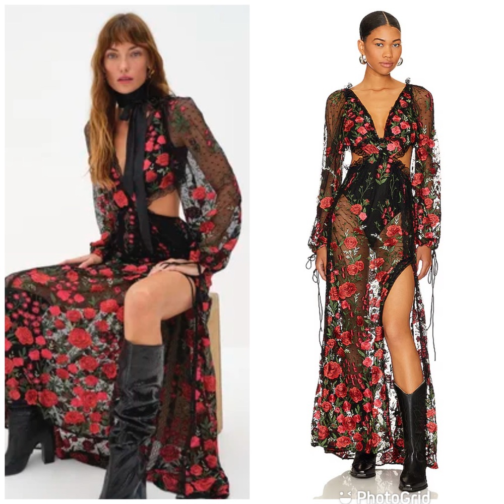 For Love & Lemons Black Sheer Maxi Dress with Red Rose Embroidery